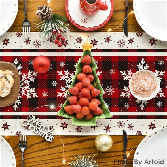 Buffalo Plaid Snowflake Christmas Table Runner - 13x72 Inch Winter Table Decor‎ - Picture 4 of 7